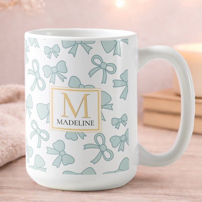 Personalized Blue Bow Girl Cute Gold Monogram Name Coffee Mug (Creator Uploaded)