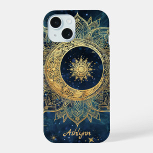 Personalized Blue Celestial Gold Sun Moon Mandala  iPhone 15 Case