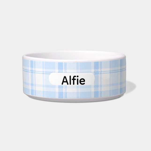 personalized blue Ceramic plaid style Pet Bowl (Front)