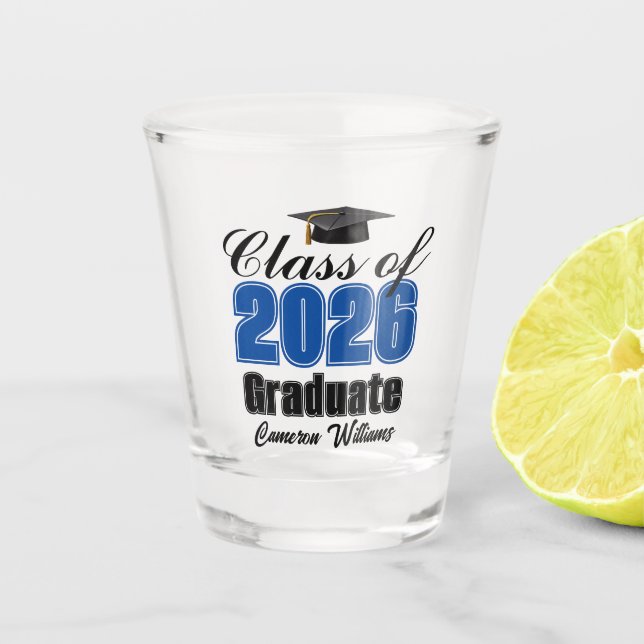 Personalized Blue Class of 2026 Graduation Party Shot Glass (Front)