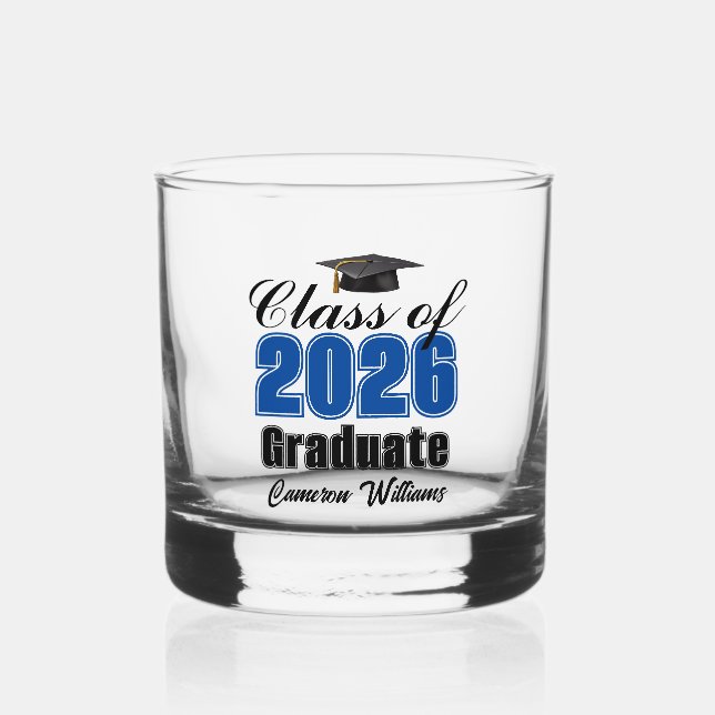Personalized Blue Class of 2026 Graduation Whiskey Glass (Front)