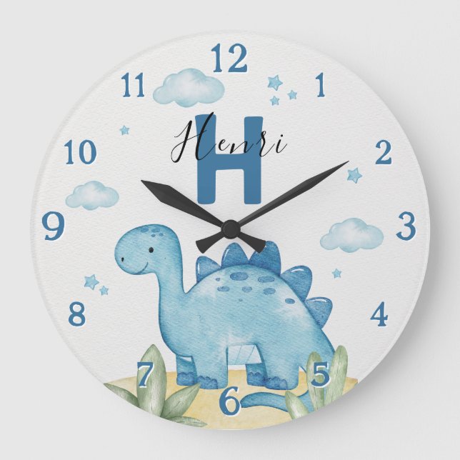 Personalized Blue Dinosaur Nursery Wall Clock (Front)
