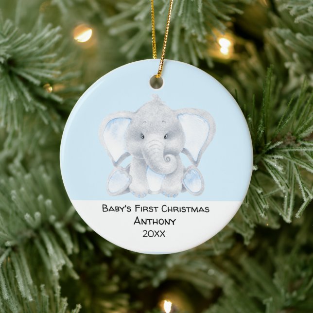 Personalized Blue Elephant Babys First Christmas Ceramic Tree Decoration (Tree)