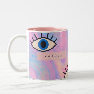 Personalized Blue Evil Eye Pop Art on Pastel Swirl Two-Tone Coffee Mug