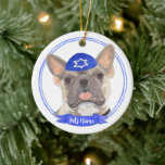 Personalized Blue Fawn Tricolor Frenchie Hanukkah Ceramic Tree Decoration<br><div class="desc">Celebrate your favorite mensch on a bench with a personalized ornament! This design features a sweet illustration of a blue fawn tricolor frenchie or french bulldog with a blue and white yarmulke. For the most thoughtful gifts, pair it with another item from my collection! To see more work and learn...</div>