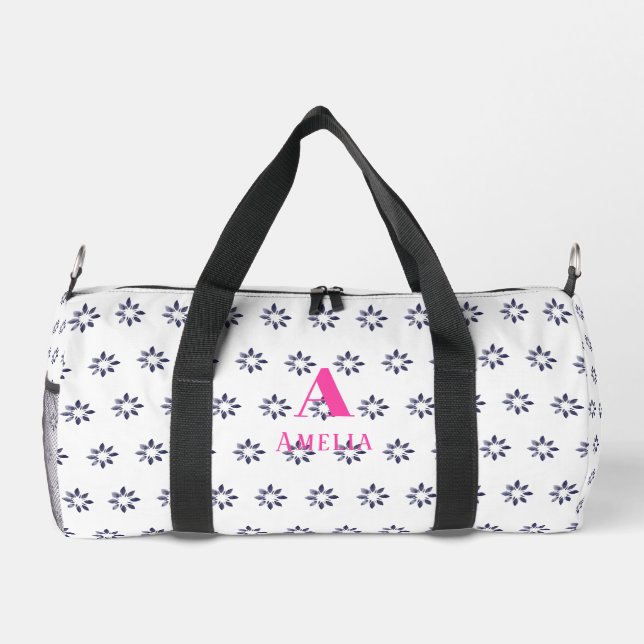 Personalized Blue Floral Pink Monogram Name Duffle Bag (Back)
