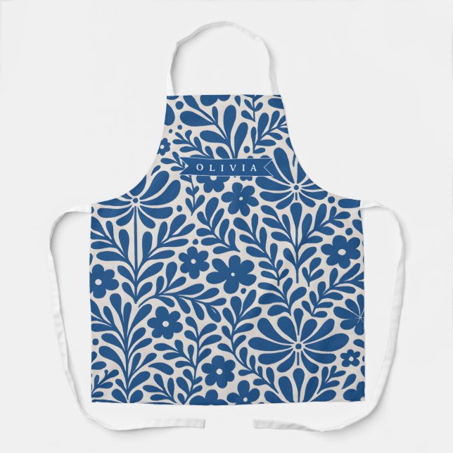 Personalized Blue Folk Floral Nordic Custom Apron (Front)