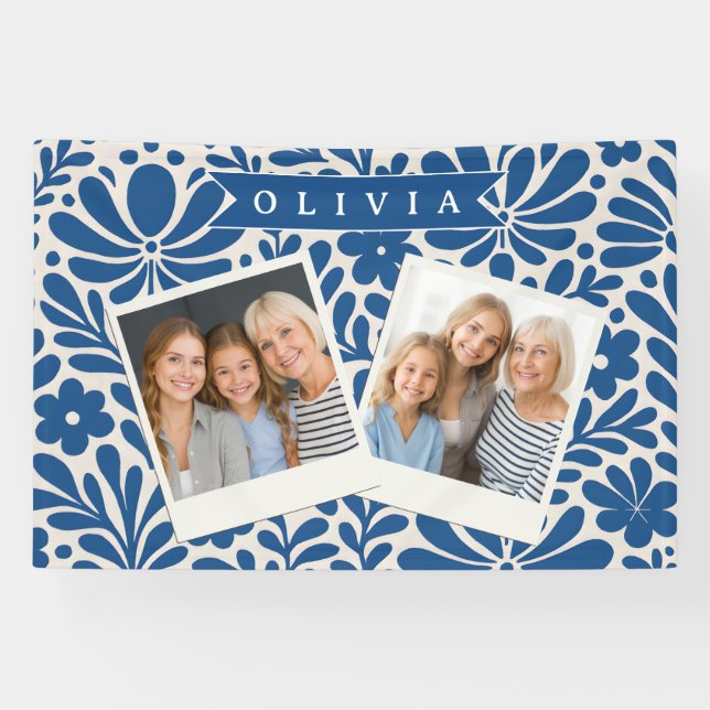 Personalized Blue Folk Floral Nordic Custom Banner (Horizontal)