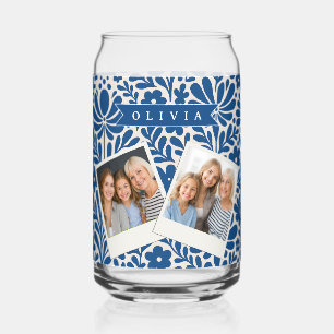 Personalized Blue Folk Floral Nordic Custom Can Glass