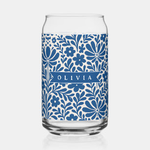 Personalized Blue Folk Floral Nordic Custom Can Glass