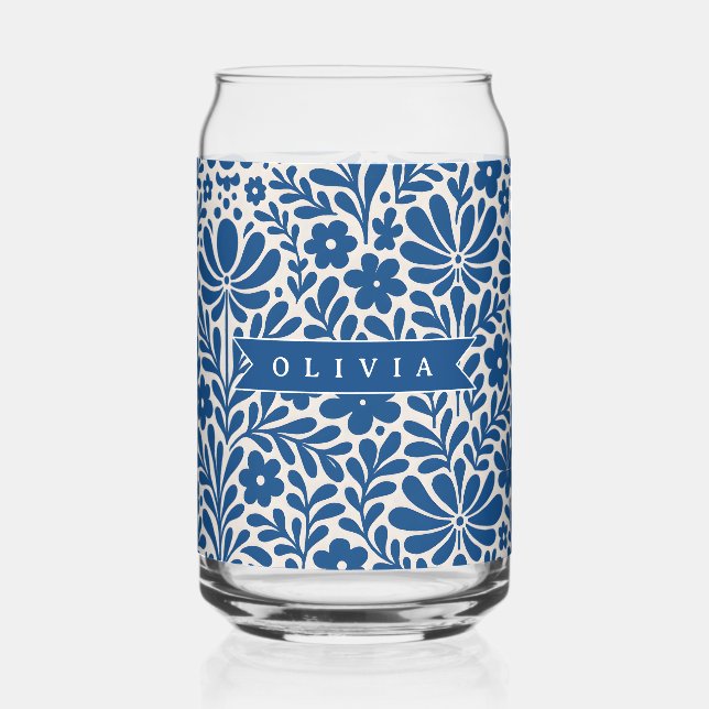 Personalized Blue Folk Floral Nordic Custom Can Glass (Front)