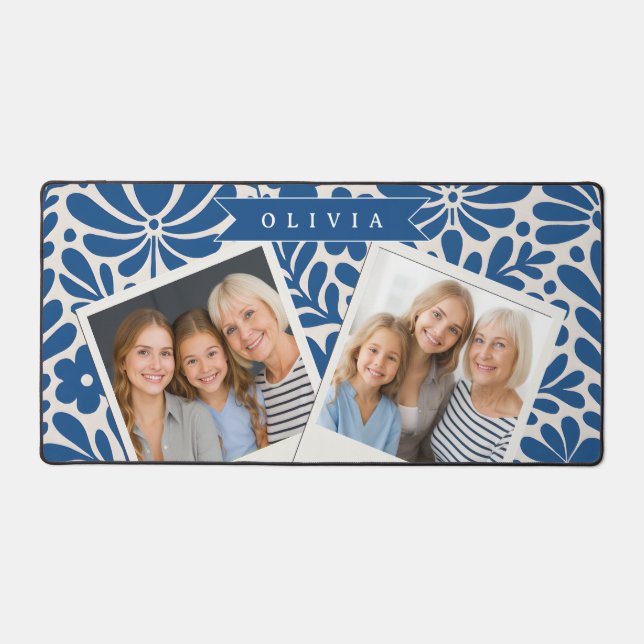Personalized Blue Folk Floral Nordic Custom Desk Mat (Front)