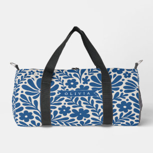 Personalized Blue Folk Floral Nordic Custom Duffle Bag