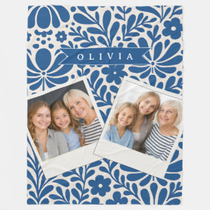 Personalized Blue Folk Floral Nordic Custom Fleece Blanket