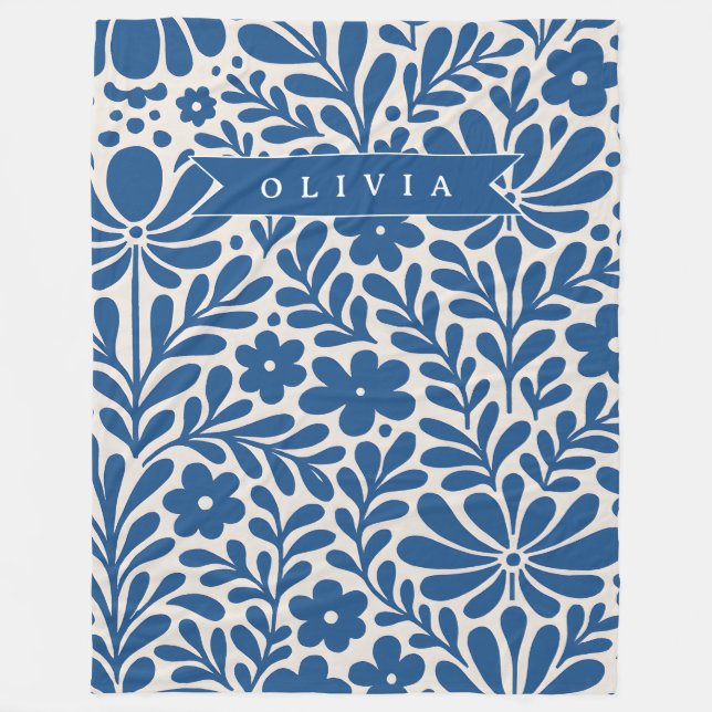 Personalized Blue Folk Floral Nordic Custom Fleece Blanket (Front)