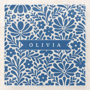 Personalized Blue Folk Floral Nordic Custom Glass Coaster
