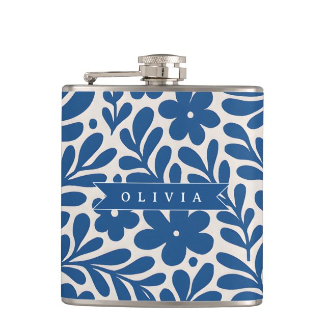 Personalized Blue Folk Floral Nordic Custom Hip Flask (Front)