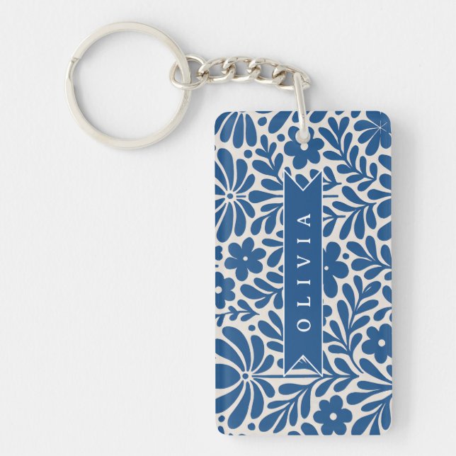Personalized Blue Folk Floral Nordic Custom Key Ring (Front)