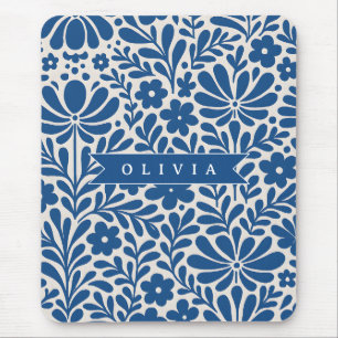 Personalized Blue Folk Floral Nordic Custom Mouse Pad