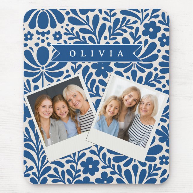 Personalized Blue Folk Floral Nordic Custom Mouse Pad (Front)