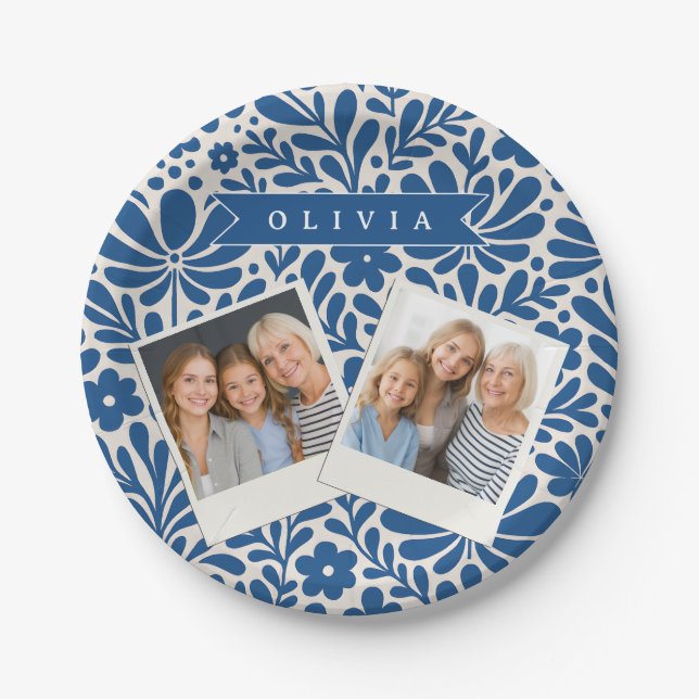 Personalized Blue Folk Floral Nordic Custom Paper Plate (Front)