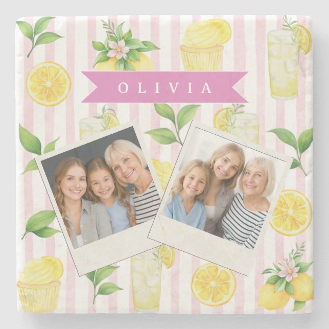 Personalized Blue Folk Floral Nordic Custom Stone Coaster (Front)