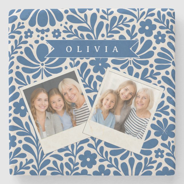 Personalized Blue Folk Floral Nordic Custom Stone Coaster (Front)