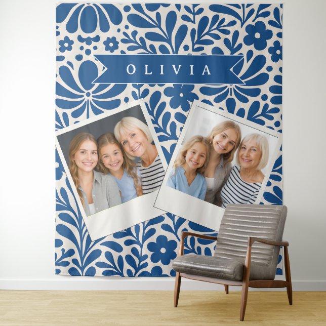 Personalized Blue Folk Floral Nordic Custom Tapestry (In Situ)