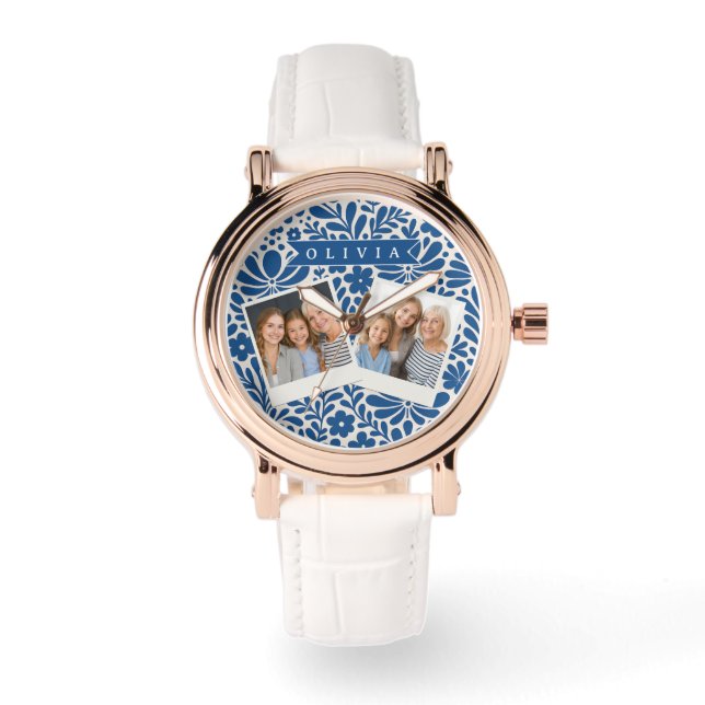 Personalized Blue Folk Floral Nordic Custom Watch (Front)
