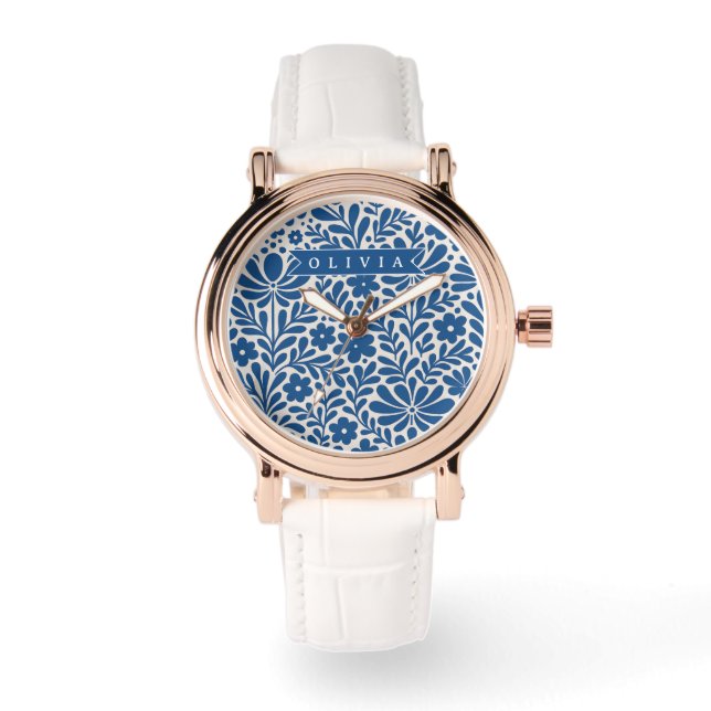 Personalized Blue Folk Floral Nordic Custom Watch (Front)
