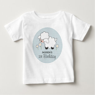 Personalized Blue Gingham Lamb Birthday Baby T-Shirt