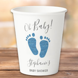 Personalized Blue Glitter Baby Feet Baby Shower Paper Cups