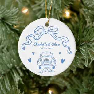 Personalized Blue Hand Drawn Whimsical Bow Wedding Ceramic Tree Decoration