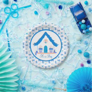 Personalized Blue House It's a Boy Baby Shower Paper Plate