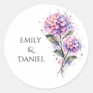 Personalized Blue Hydrangea Watercolor Wedding Sti Classic Round Sticker