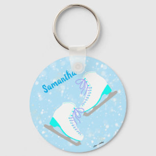 Personalized Blue Ice Skates Cute Kawaii Figure Key Ring
