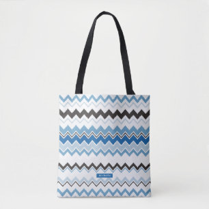 Personalized blue Ikat Chevron Pattern Bridesmaid Tote Bag