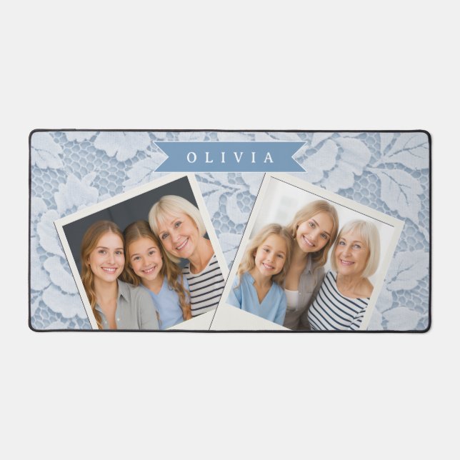 Personalized Blue Lace Floral Elegant Romantic Desk Mat (Front)