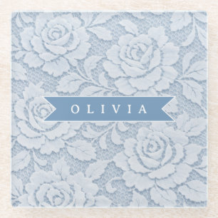 Personalized Blue Lace Floral Elegant Romantic Glass Coaster