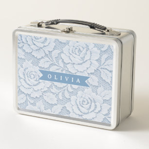 Personalized Blue Lace Floral Elegant Romantic Metal Lunch Box