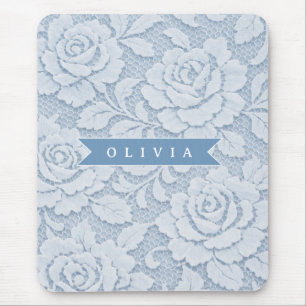 Personalized Blue Lace Floral Elegant Romantic Mouse Pad