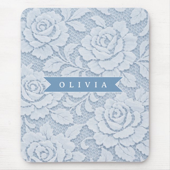 Personalized Blue Lace Floral Elegant Romantic Mouse Pad (Front)