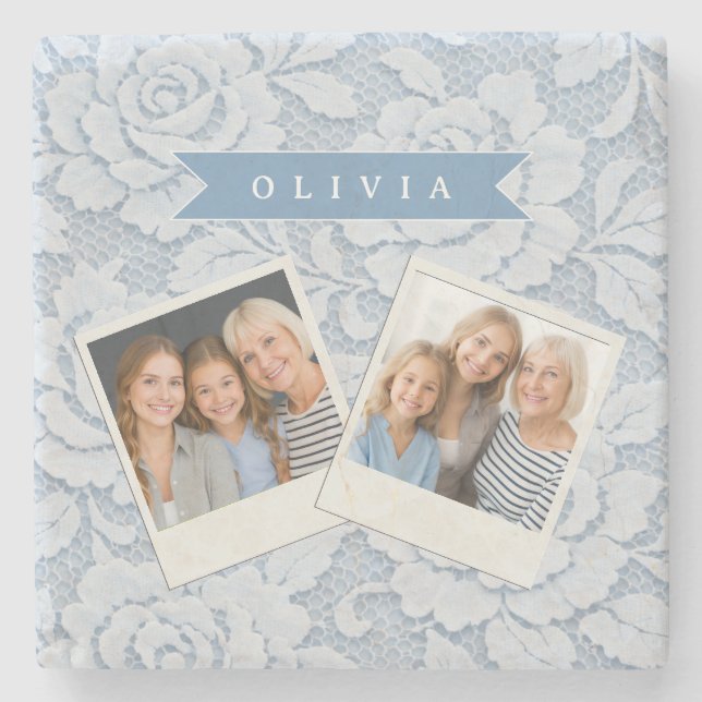 Personalized Blue Lace Floral Elegant Romantic Stone Coaster (Front)