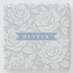 Personalized Blue Lace Floral Elegant Romantic Stone Coaster