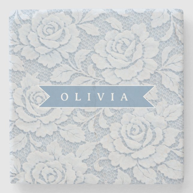 Personalized Blue Lace Floral Elegant Romantic Stone Coaster (Front)