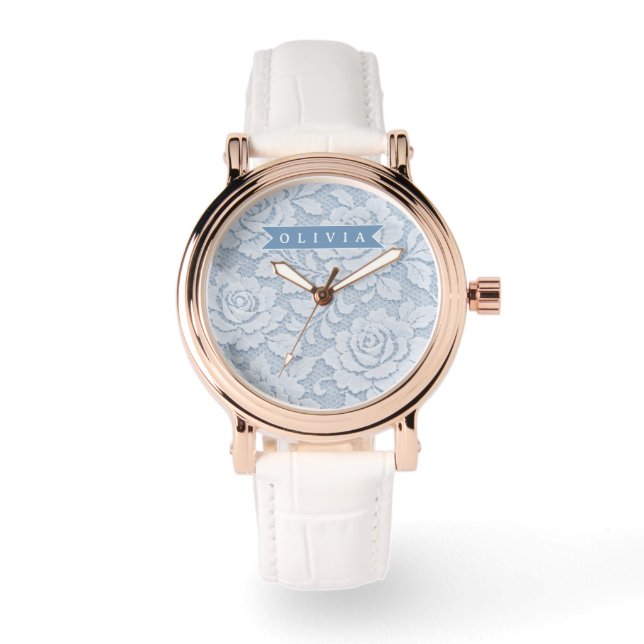 Personalized Blue Lace Floral Elegant Romantic Watch (Front)
