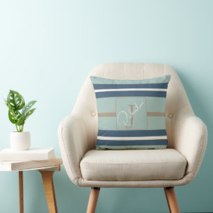 Personalized Blue Mint Tan Stripe Monogram Coastal Cushion