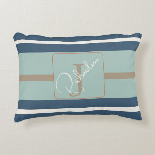 Personalized Blue Mint Tan Stripe Monogram Coastal Decorative Cushion