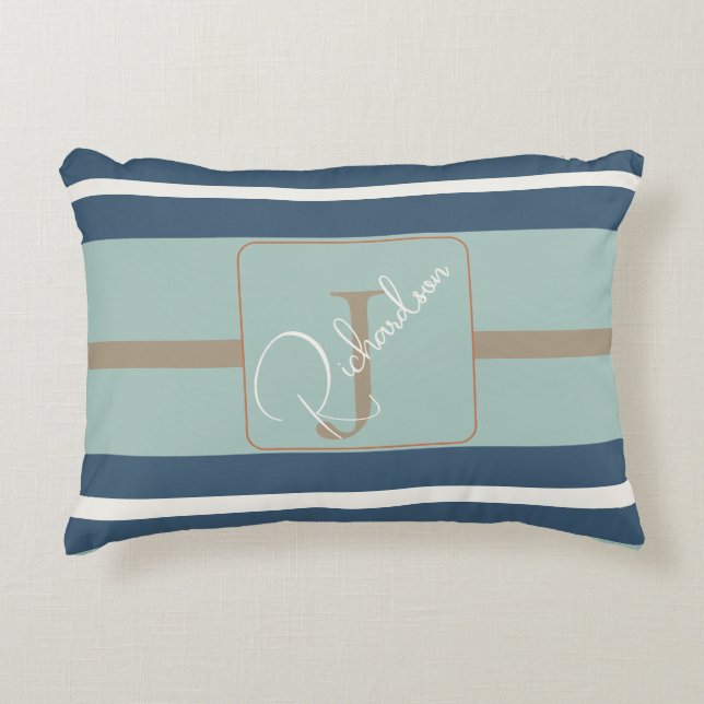 Personalized Blue Mint Tan Stripe Monogram Coastal Decorative Cushion (Front)