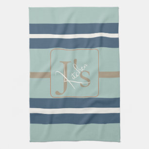 Personalized Blue Mint Tan Stripe Monogram Coastal Tea Towel